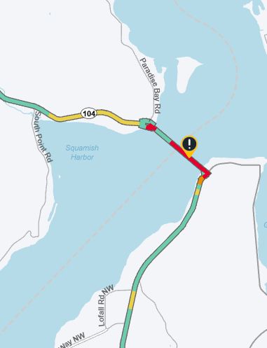 An map of State Route 104 across the Hood Canal Bridge. A black icon depicts where the bridge is closed to traffic.
