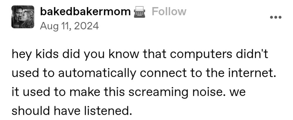 Tumblr post by user bakedbakermom, Aug 11, 2024:

hey kids did you know that computers didn't used to automatically connect to the internet. it used to make this screaming noise. we should have listened.