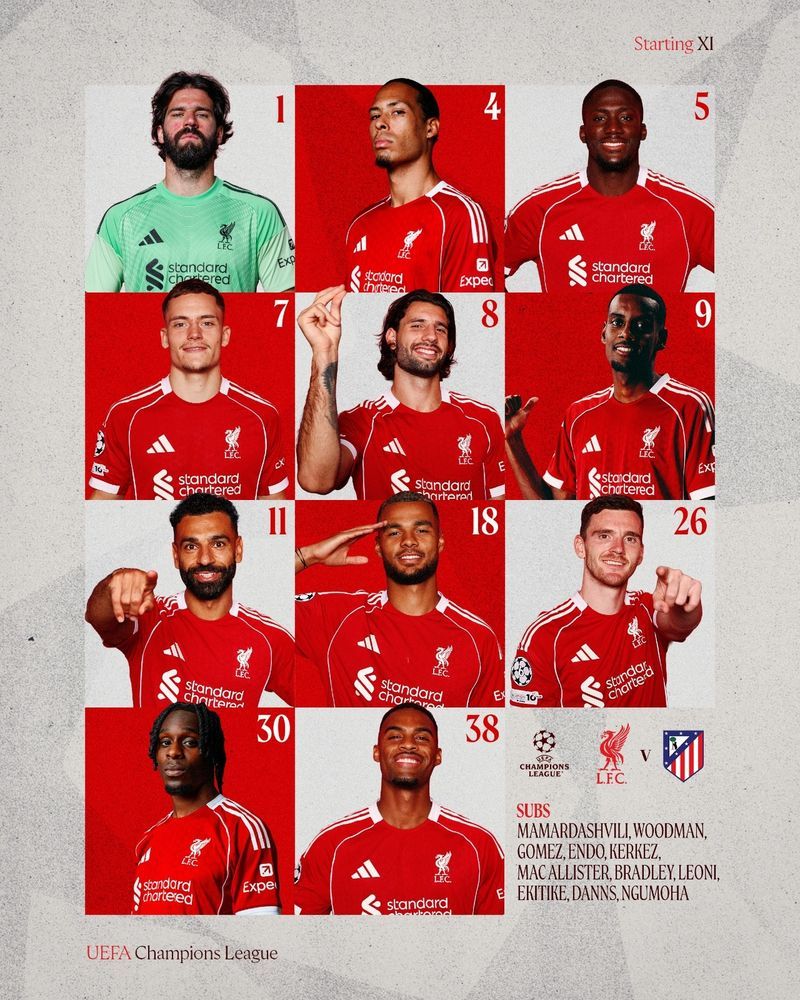 LFC starting line up for Atletico Madrid match on 17 September, including Alexandre Isak.