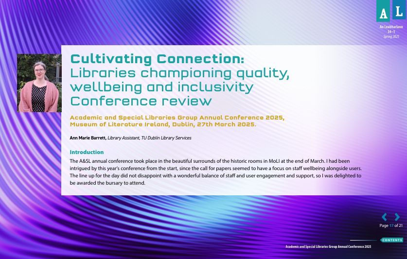 A picture of a woman beside a screenshot of an article with the title: Cultivating Connection: Libraries championing quality, wellbeing and inclusivity conference review