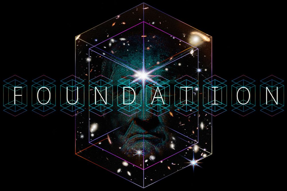 Illustration: A sculpture of a man's face suspended within transparent, layered rectangles, set against a cosmic background of brightly colored stars and galaxies. The word 'FOUNDATION' within an ornate design is centered across the image on a dark background.
