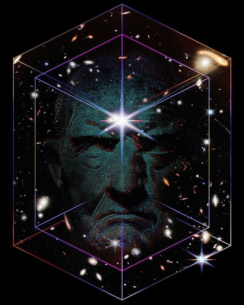 Illustration: A sculpture of a man's face suspended within transparent, layered rectangles, set against a cosmic background of brightly colored stars and galaxies on a dark background.