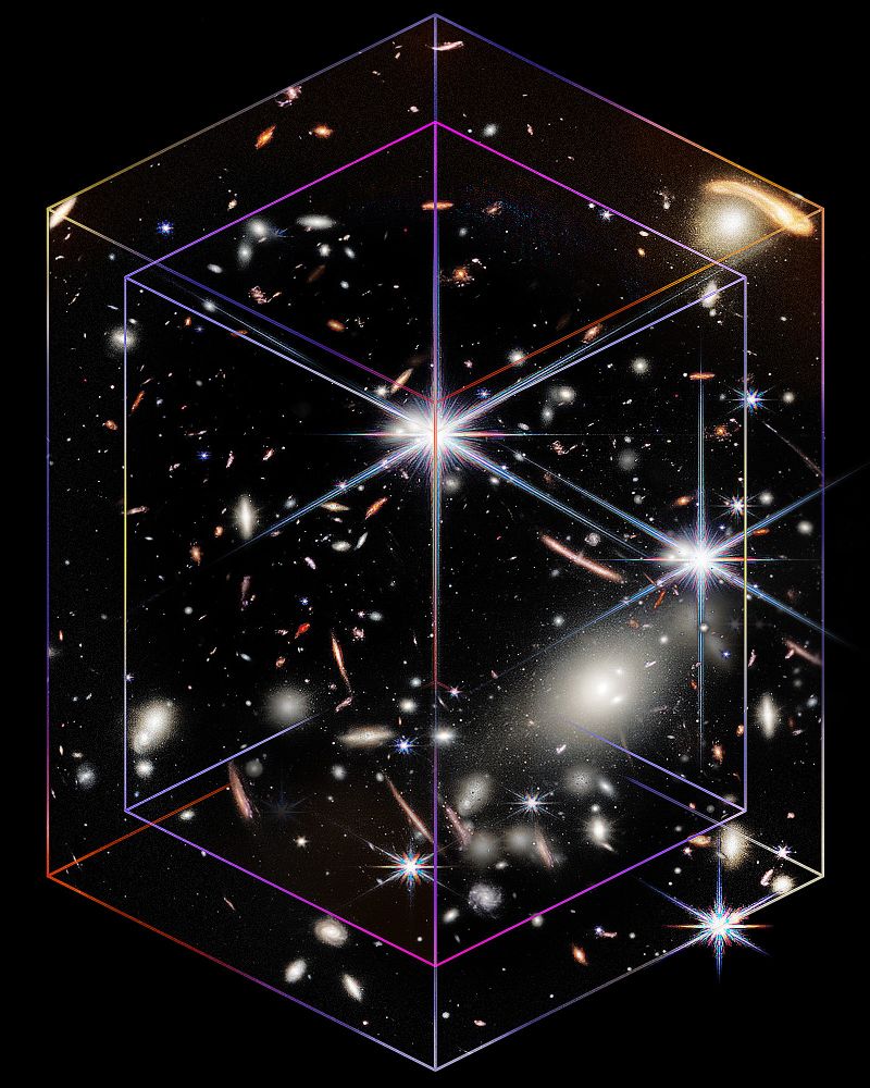 Illustration: Transparent, layered rectangles, set against a cosmic background of brightly colored stars and galaxies on a dark background.