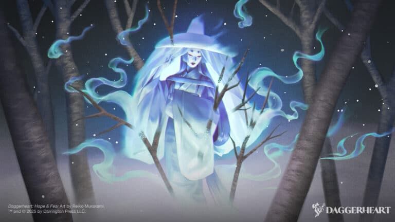 Art of a ghostly woman passing through barren sticks and twigs in a low fog. She wears a long, white kimono with long white sleeves that hang low in the fog. She has a wide-brimmed hat with a veil around the edge that she pulls aside with a coy, slim hand to reveal a pale face with shocks of red makeup on her lips and just above her eyes. Everything about her except for the red makeup is pale, haunting white. She spectrally passes through some of the sticks that protrude from the mist. Around her, snow falls and motes of ghostly light wind through the air. At the bottom corner it reads: "Daggerheart: Hope & Fear Art by Reiko Murakami. TM and (C) by Darrington Press, LLC." And in the opposite corner is the Daggerheart logo, a dagger and wisp of smoke or flame that make the shape of a haert, with the title of the game.
