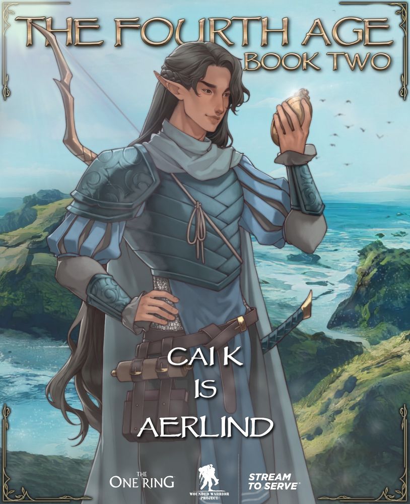 A tall and handsome Elf with warm-toned, fair skin. He has deep black, straight hair that cascades down his back in a gentle wave, tied back with braids. He has monolid, warm amber eyes. He wears smart, finely made elven robes and leather armour in shades of sea blues and greens. A bow is slung over his shoulder, and in his hand he carries a golden astrolabe.

In front of him are the words “The Fourth Age: Book Two” and “Cai K is Aerlind.”