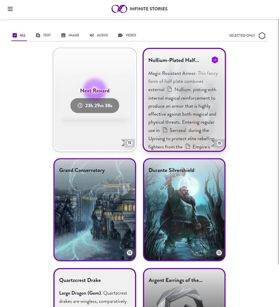A screenshot of the infinite stories prelaunch page showing the latest art and writing drops and a pending music drop from Aiden Chan.
