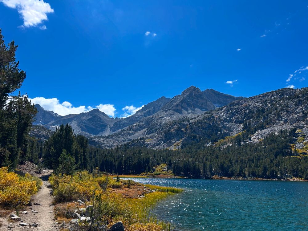 Dirt path next to a turquoise lake with pine trees and mountains in the background 