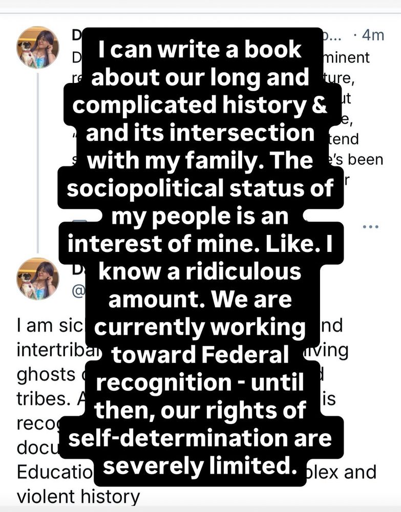 I can write a book about our long and complicated history & its intersection with my family. The sociopolitical status of my people is an interest of mine. Like. I know a ridiculous amount. We are currently working toward Federal recognition - until then, our rights of self-determination are severely limited 