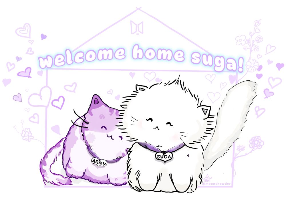 My artwork. 2 cats being sweet to ec, one is purple representing army😂andmone is white representing suga or yoongi or agustd of BTS💜