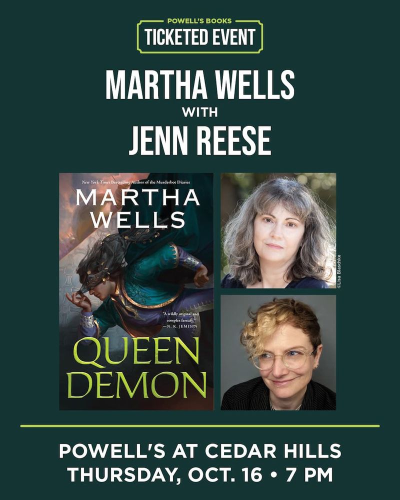 Picture of Martha Wells, Jenn Reese, and Martha's new book, QUEEN DEMON.