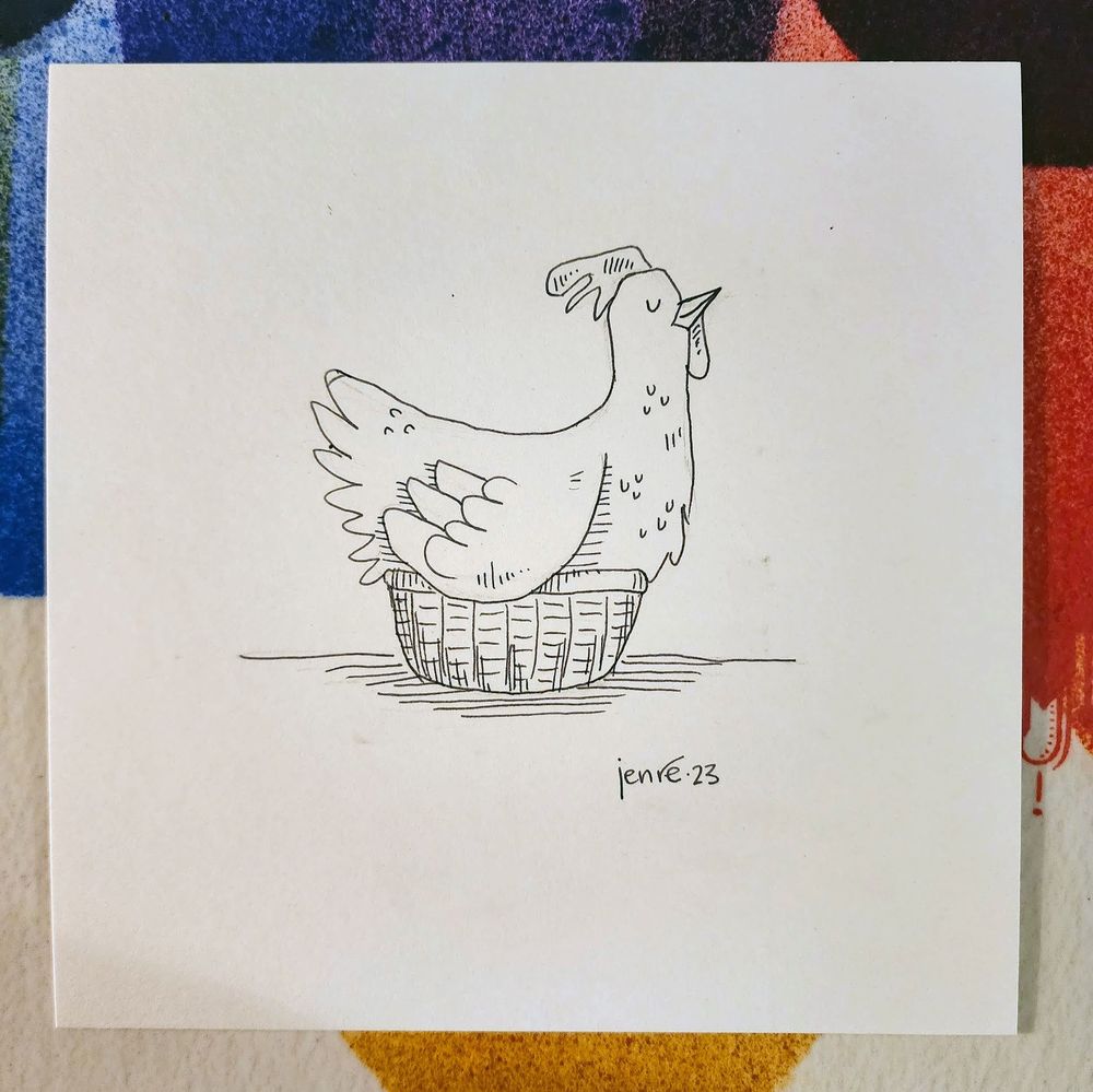 Pen and ink drawing of a chicken sitting in a basket... barely. She looks very smug.