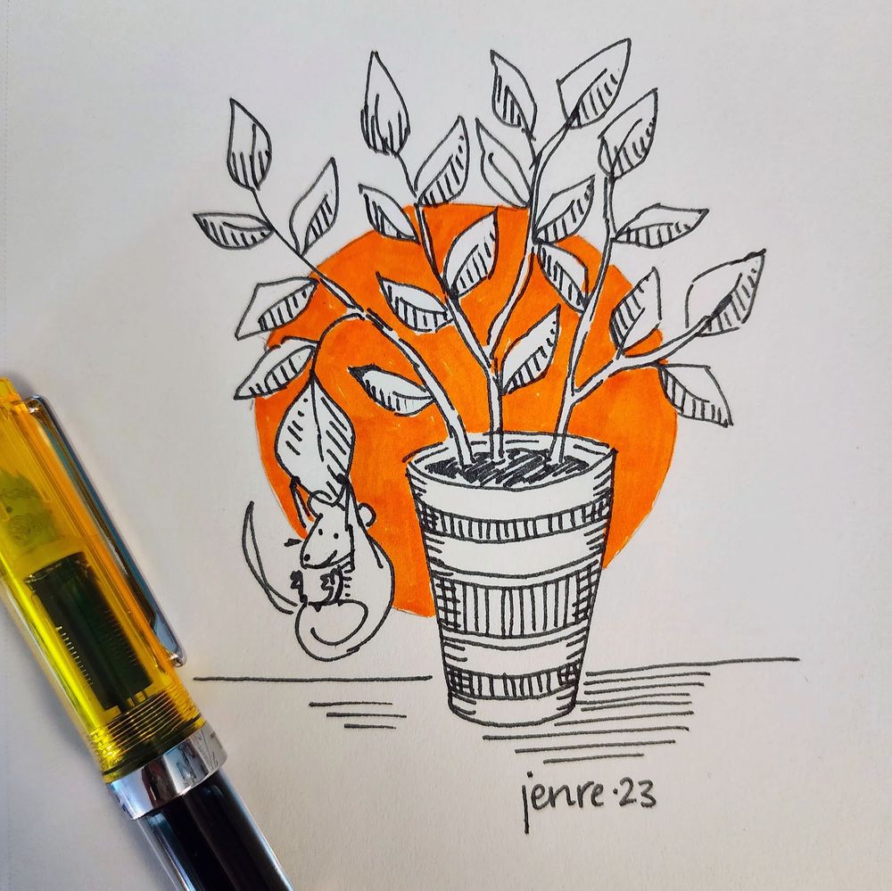 Pen and ink drawing of a mouse swinging from the leaf of a houseplant.