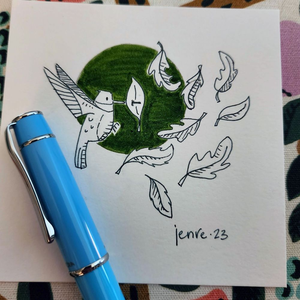 Pen and ink drawing of a hummingbird and some falling leaves. One of the leaves is skewered on the hummingbird's beak.