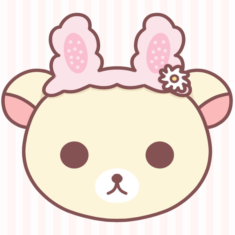 art of easter korilakkuma. pale yellow bear with a pink fuzzy bunny ear headband and a daisy on the far right side of the headband, right below the right bunny ear. neutral expression 
