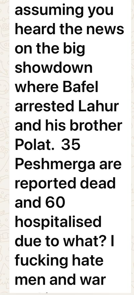 assuming you heard the news on the big showdown where Bafel arrested Lahur and his brother Polat. 35 Peshmerga are reported dead and 60 hospitalised due to what? I fucking hate men and war