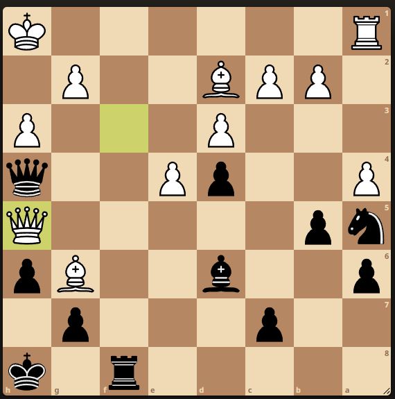 a much, much harder chess puzzle solution: 1. ... Qg3 2. e5 Bxe5 3. Qxe5 Qxe5 tricky because 2. e5 being forced is not at all obvious, but white is otherwise mated