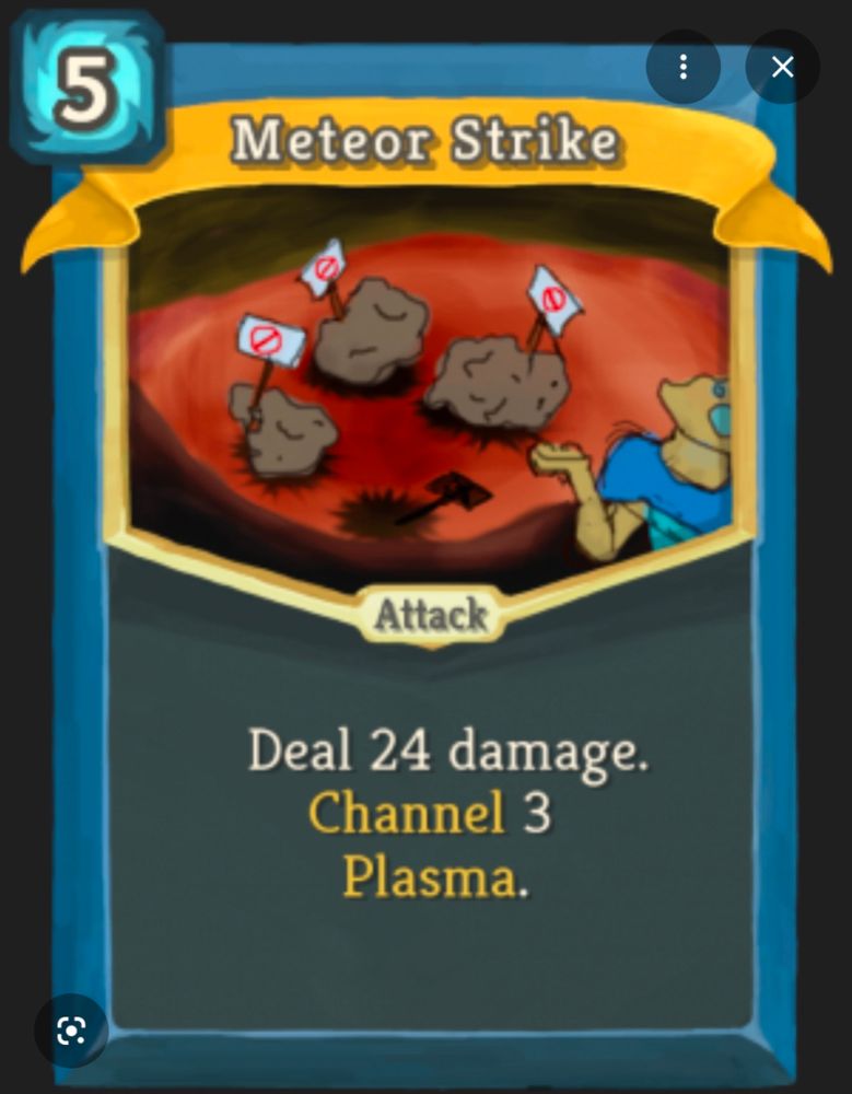 Slay the Spire beta art for the Defect card Meteor Strike, showing, naturally, a group of meteors on a picket line 