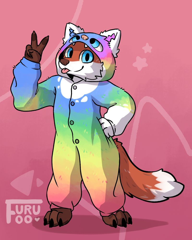 Red fox anthro with blue eyes and his tongue sticking out, wearing a kigurumi of a rainbow pine marten with markings that match a fursuit.