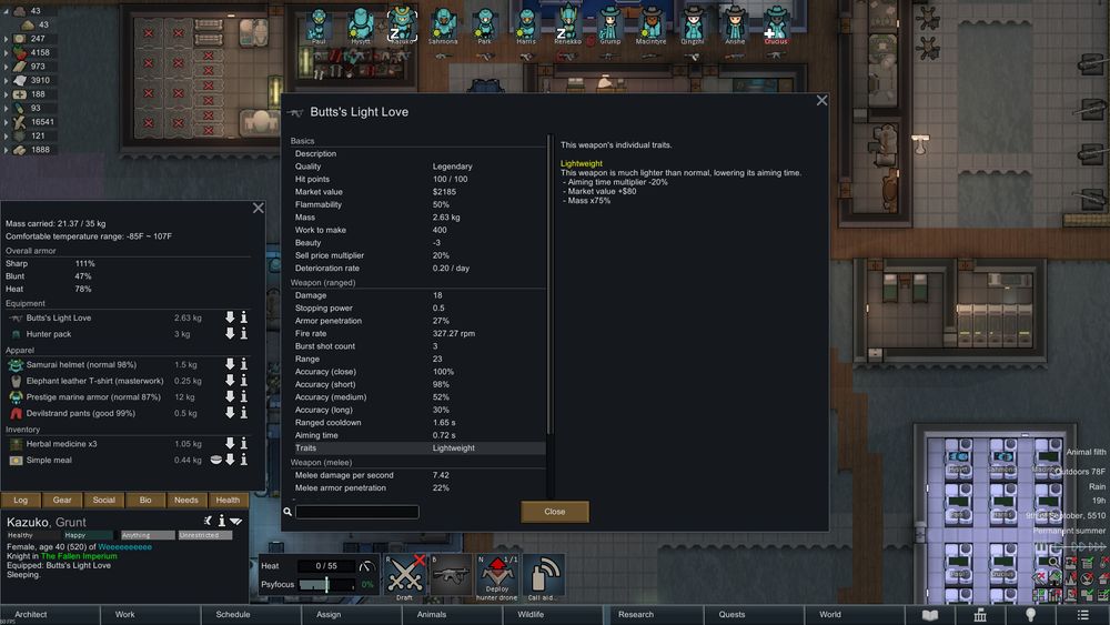 screenshot taken of a rimworld playthrough, showing off the name of a unique weapon in the game that has been given the randomly generated name 