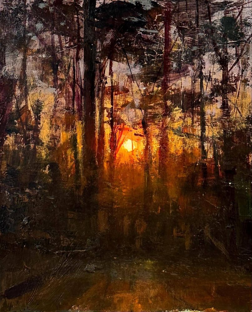 A Sunrise in March      -       Jeremy Miranda , 2025.

American , b. 1980 -

Acrylic on board ,  10   x   12   in.