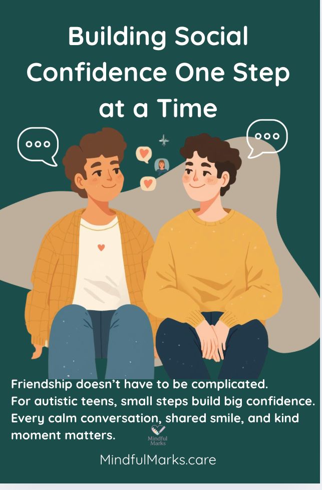 Illustration of two autistic teens sitting side by side, smiling softly with speech bubbles and hearts floating around them. Text reads: “Building Social Confidence One Step at a Time. Friendship doesn’t have to be complicated. For autistic teens, small steps build big confidence. Every calm conversation, shared smile, and kind moment matters.”


