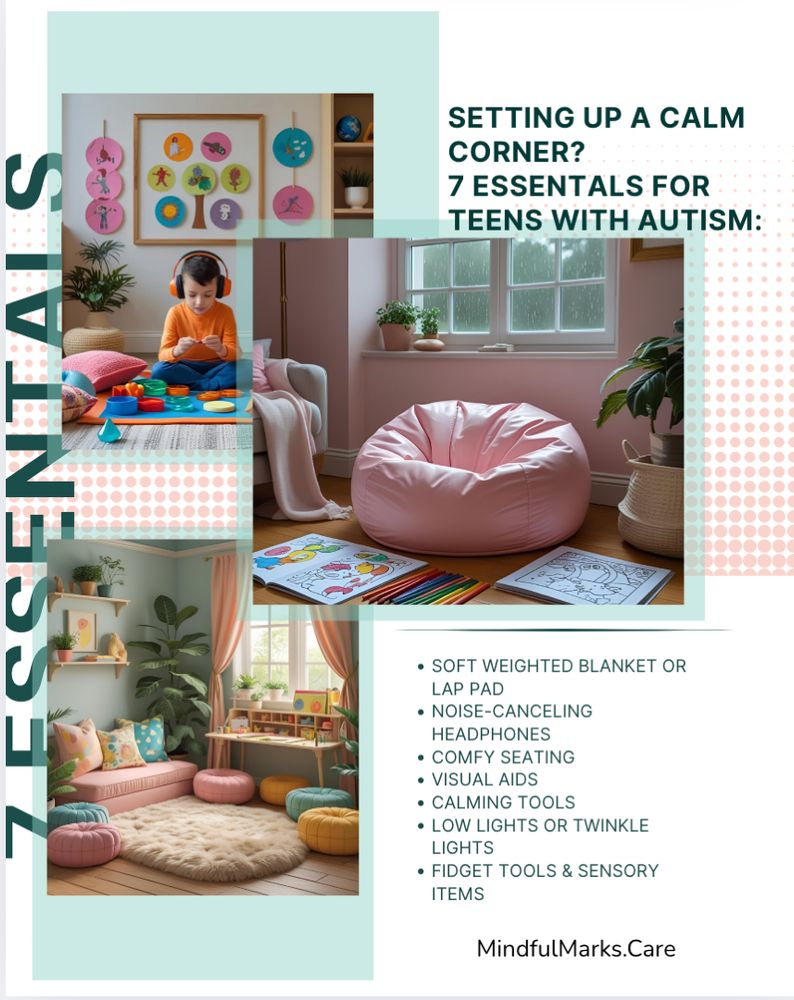 Soft pastel design featuring cozy room setups with beanbags, pillows, plants, and coloring tools. Text reads “7 Essentials for Teens with Autism: weighted blanket, headphones, comfy seating, visual aids, calming tools, low lights, and sensory items.” Visual tone is warm, inclusive, and peaceful.
