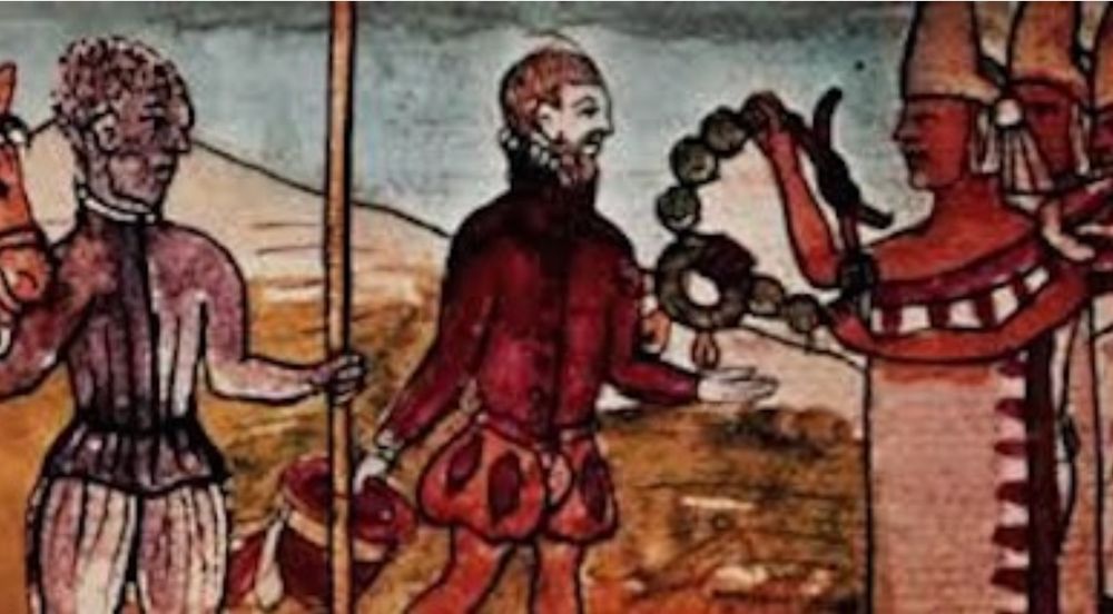 16th century painting depicting Juan Garrido holding a pike, standing next to Hernan Cortes, negotiating with a local emissary in what is today Mexico.
