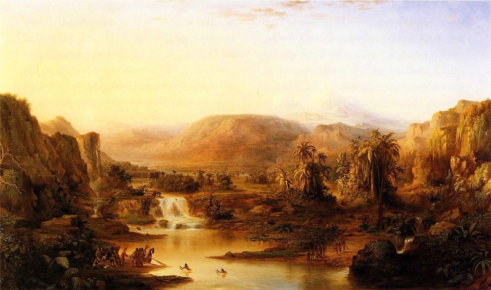 Land of the Lotos Eaters (1861) by Robert S. Duncanson (Collection of His Royal Majesty, the King of Sweden) is large scale luminous landscape with a river and falls, figures in and on the river