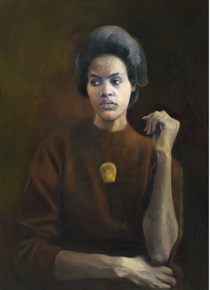 Oil on canvas portrait of a woman looking to the side, her sweater and the background are similar shades of rusty sepia while her arms and face are luminous. The National Portrait Gallery describes the figure's expression as “cooly determined.”