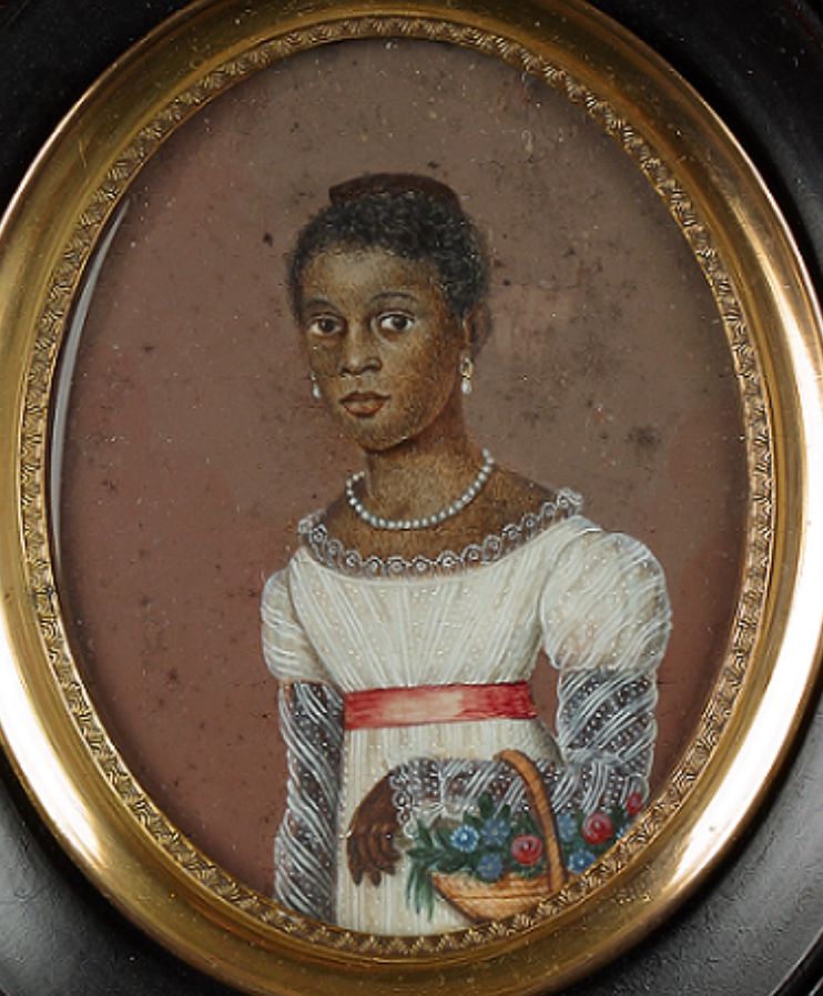 A miniature portrait of well dressed young girl with a pearl necklace. 
