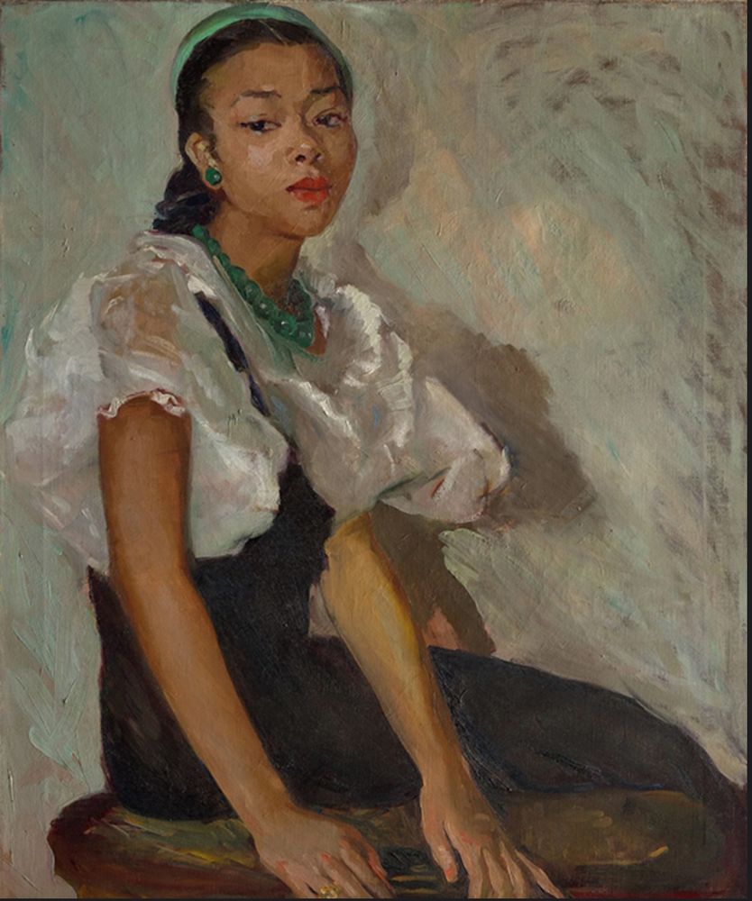 Oil portrait of a poised young woman wearing jade jewelry & a luminous green cap, with white gossamer puffed sleeves. Waring's portraits generally depicted well-known figures, however, the identity of this young woman is unknown.