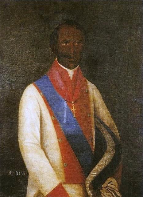 Portrait of Henrique Dias by an anonymous artist. He is wearing an elaborate coat with gold buttons, sash, & cross. Collection of the Pernambuco State Museum.