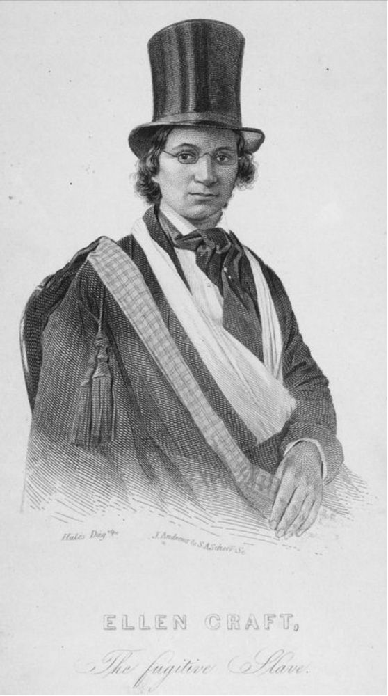 Woman in a top hat, coat, tie, & spectacles with text "Ellen Craft, The Fugitive Slave." Schomburg Center, The New York Public Library Digital Collections, 1853. The fact that Mrs. Craft passed as a white planter during her escape attests to the European ancestry in her enslaved family tree.