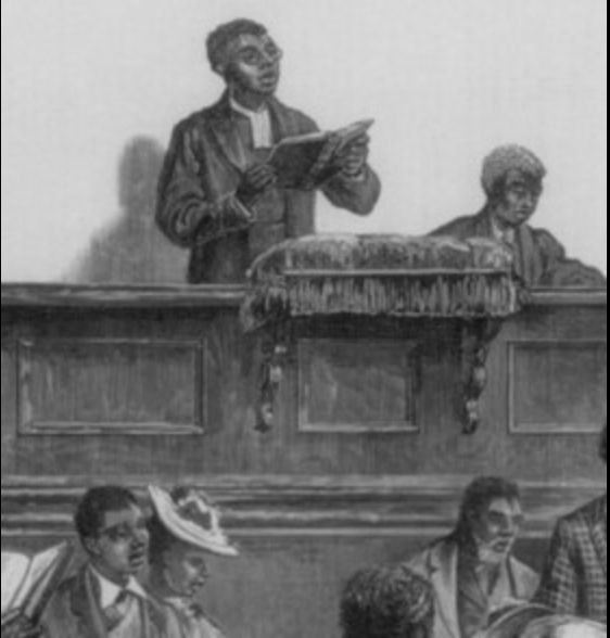Image of people during a church service, a man at the pulpit leads congregants in worship. Detail from an 1876 broadside in the Prints and Photographs Collection, Library of Congress. 