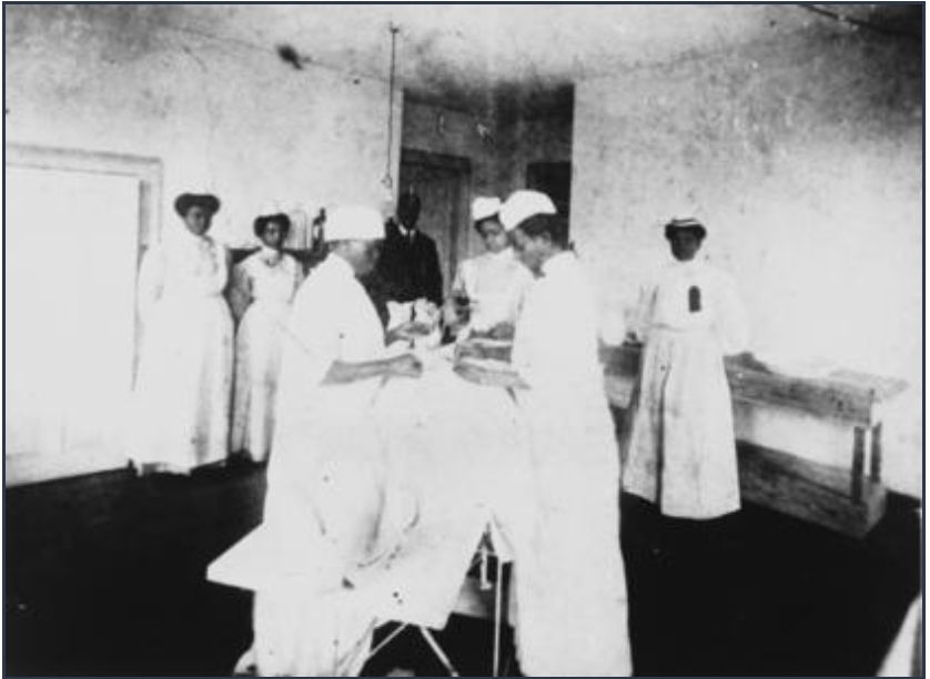 Grainy black and white image of women in nurses uniforms as they observe and assist Dr. Evan’s surgery (South Caroliniana Library, University of South Carolina, Columbia)