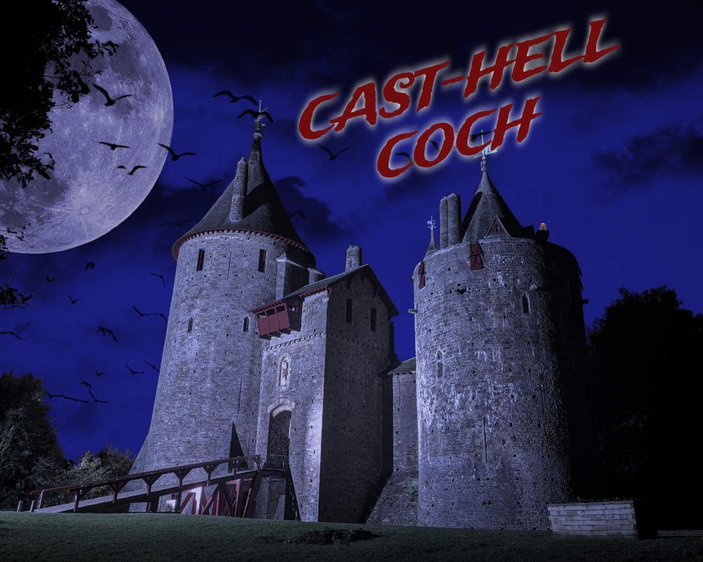 An edited photo of Castell Coch that has a large moon and bats. Contains text, "Cast-Hell Coch".