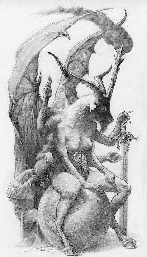 A highly detailed graphite drawing of Eliphas Levi's Baphomet symbolic figure seated on a large globe. The central figure has the body of a nude woman with cloven hooves, goat-like features including a horned head, and large bat wings. They also have 4 arms. Smoke billows from a torch between their horns. One hand rests on a large sword, another is raised in a gesture of 2 fingers pointing up, a third has the fingers pointing downward, a fourth rests on the globe, a fifth holds open a cupped palm, and the sixth rests in benediction upon the hood of a monk-like figure that squats behind the globe hiding his face in his hand as if in grief. A serpent-girt caduceus upon a scaled plate conceals the lower abdomen, and there are runic or occult symbols upon 2 of the figures arms.

Art by Burney Illustration - @batdog on Instagram