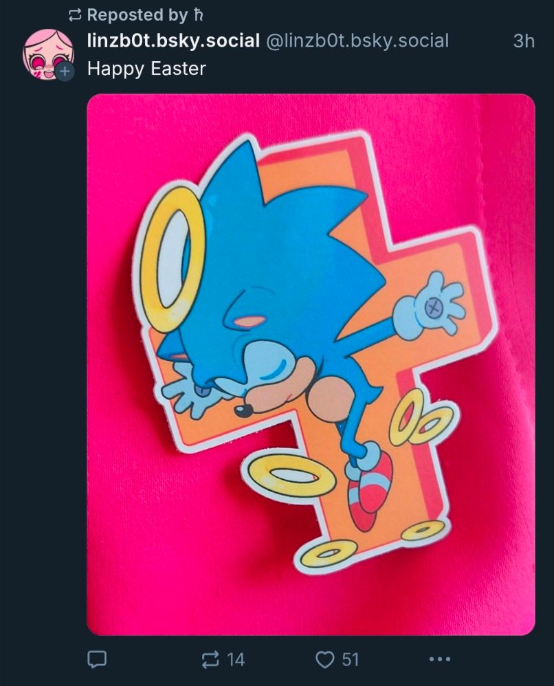 Screencap of BSky post containing an image of Sonic the Hedgehog with a golden ring halo and golden rings falling around him.