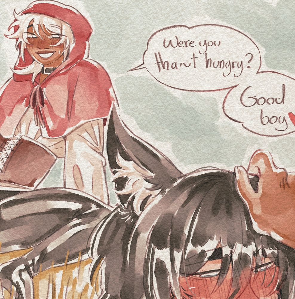 Cropped digital art of my ocs Roman and Lewis, Little Redhood AU, Roman is saying "Were you that hungry? Good boy"