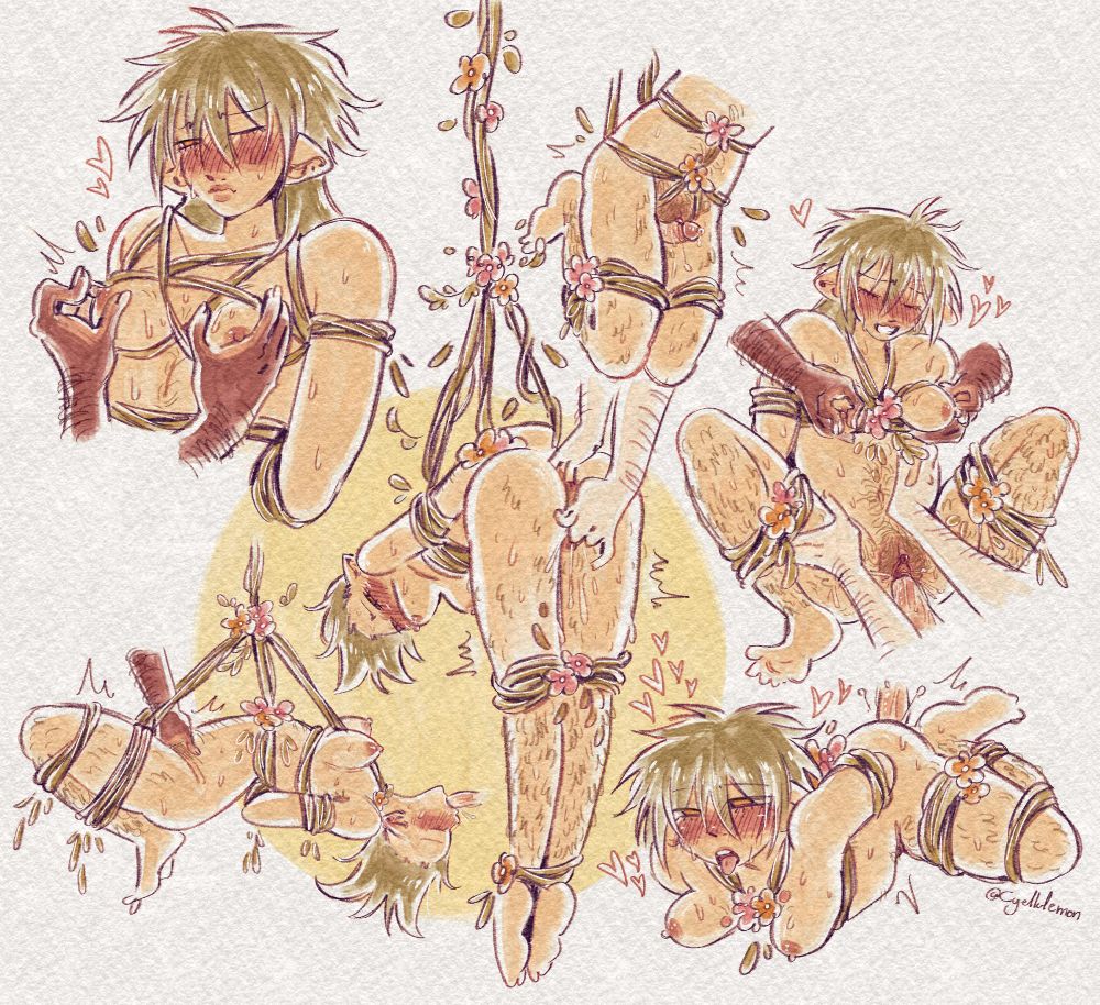 Digital art sheet with 6 drawings of my oc Myel, tied with plants, having his boobs and pussy touched and teased in diverse ways by his boyfriends, with their hands and penis for one of them. Myel is a small white feminine transmasc character with green hair in a wolfcut, yellow eyes, short pointy ears, and small chest.