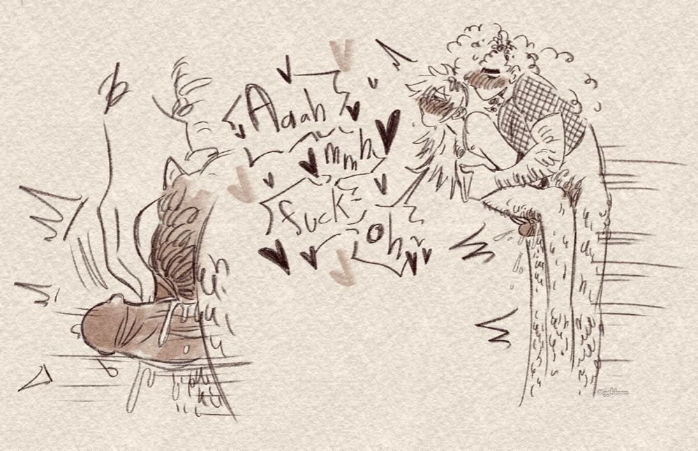2 digital sketches that follow the previous ones. Again, a closeup on their genitalias, now Ambrose is moving his penis faster while touching more Olive's tdick with his hand. Second is a view on them, with Ambrose moving his hips and Olive moaning "Aaah mmh fuck- oh"