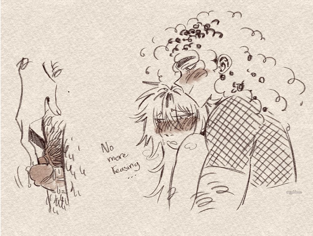 2 Digital sketches that follow the previous one. First is a closeup on Olive's pussy against Ambrose's penis, Ambrose is lightly moving and is lightly touching with his finger Olive's tdick
Second is a bust of them, Ambrose smiling and Olive very turned on and is saying "no more teasing" while turning his head toward Ambrose.