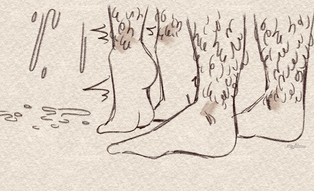 Digital sketch that follows the previous ones. Closeup on their feets, Olive is on tiptoe, there is liquid (from both Olive's pussy and Ambrose's penis) splatting on the floor.