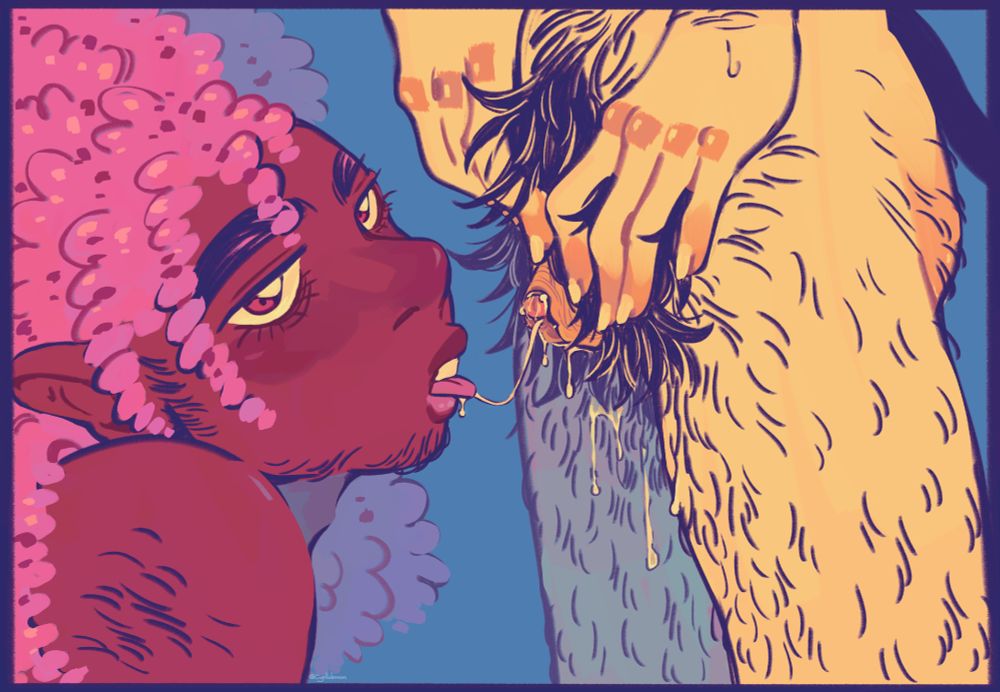 Nsfw digital art of my ocs Lysander (he/him a fat black trans man with red eyes, a pink afro and facial hair) and Onirique (he/it, a tall skinny trans man with pale skin) Lysander's head is on the left of the drawing, his tongue outside, looking at the camera. Onirique's bottom is on the left, his hands around his tdick, wet and full of saliva coming from Lysander's mouth. 