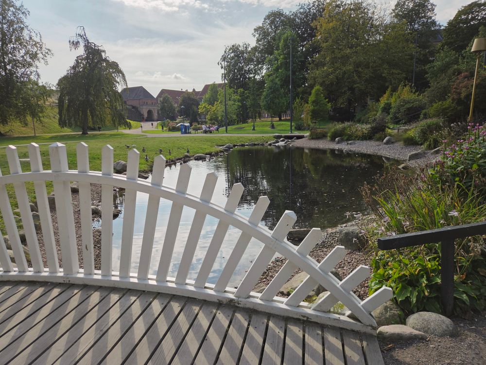 Eine kleine Holzbrücke mit einem weißen Bogengeländer über einen kleinen Teich in einem Park.