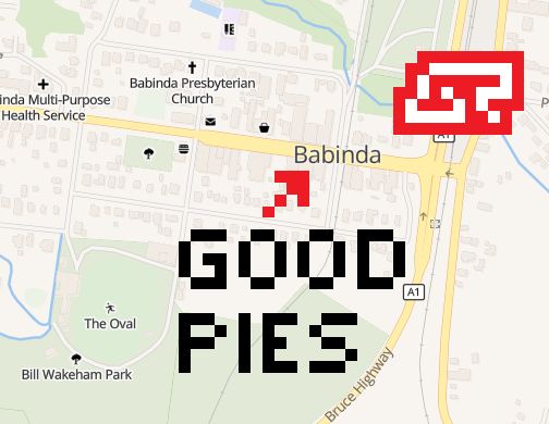 Babinda on a map with text pointing to it reading "good pies"