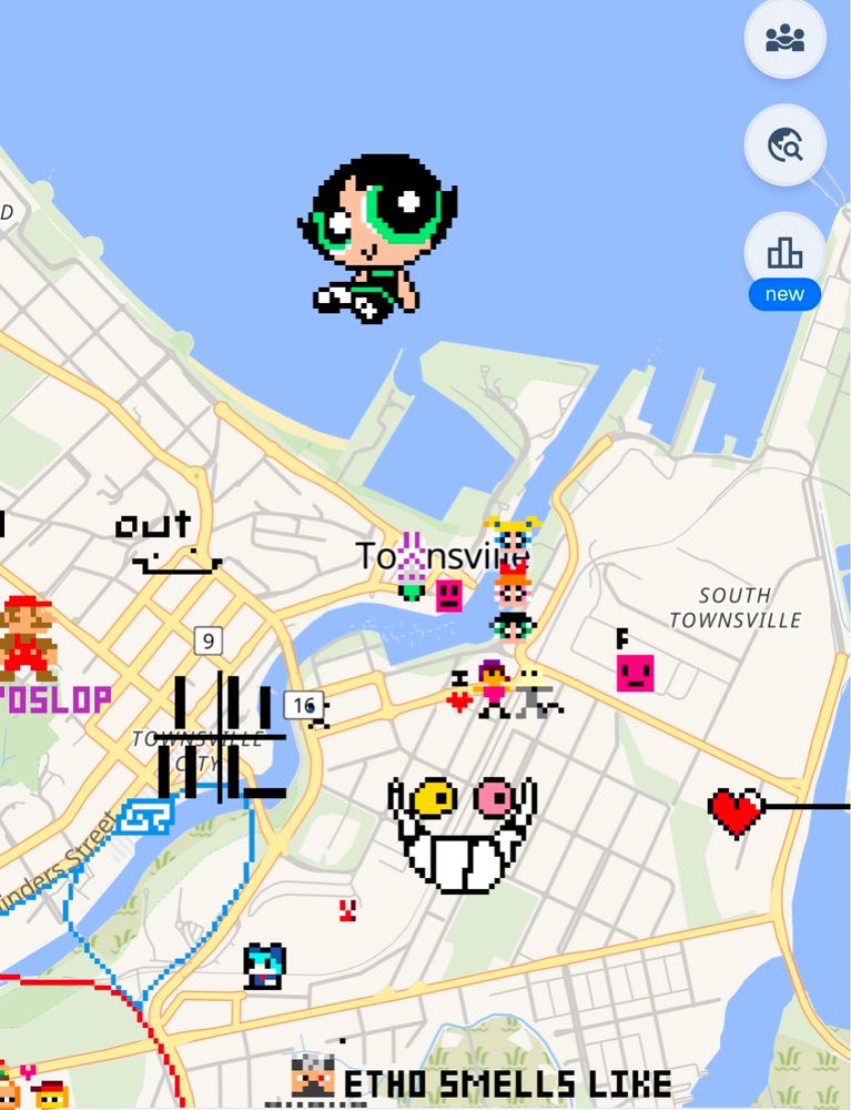 Townsville showing Powerpuff girls, spamtons face i think, mario and loss