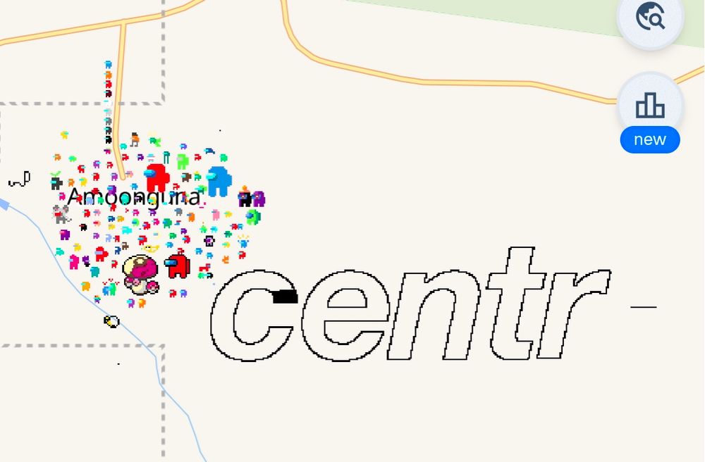 Wplace drawings of a bunch of among us characters with someone spelling out the centrelink logo a few kilometers from where pine gap is actually located 