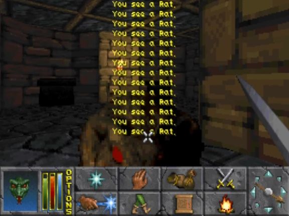 Screenshot of Elder Scrolls daggerfall, showing a first person view inside a dungeon with a rat attacking the player. The text "you see a rat" repeats itself on screen over and over.