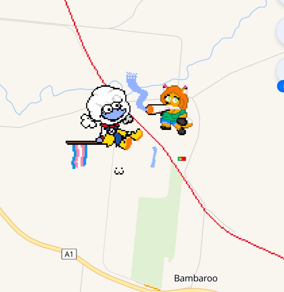 Area near Bambaroo, with two characters drawn, one with a trans flag and the other smoking weed